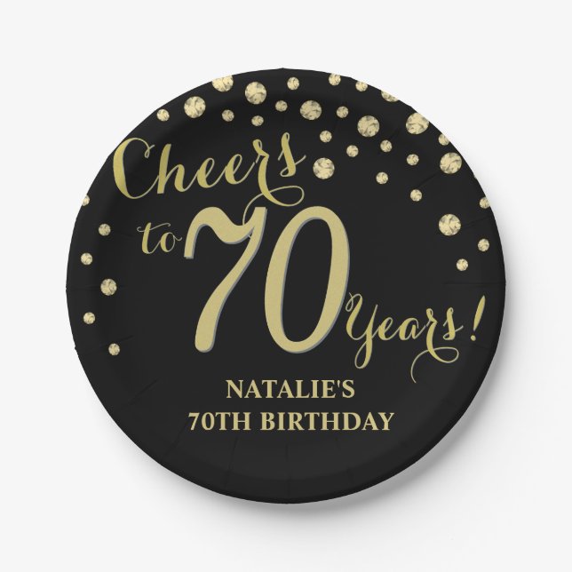 70th Birthday Party Black and Gold Diamond Paper Plate (Front)