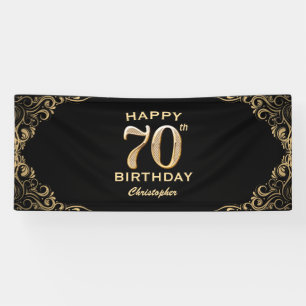 70th Birthday Party Black and Gold Glitter Frame Banner