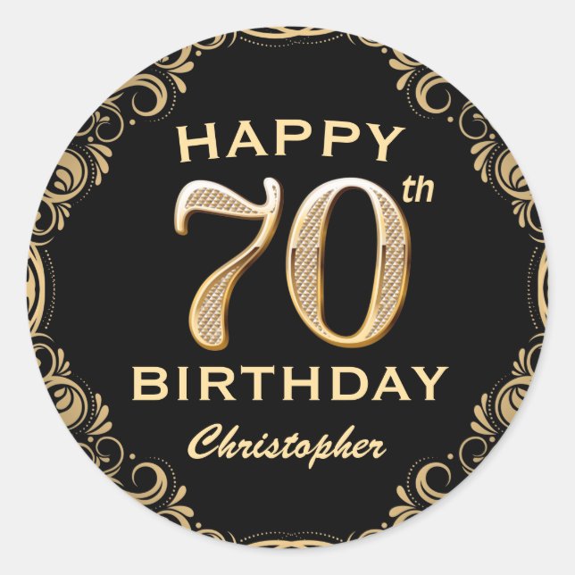 70th Birthday Party Black and Gold Glitter Frame Classic Round Sticker (Front)