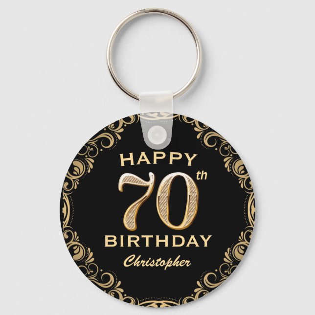 70th Birthday Party Black and Gold Glitter Frame Keychain (Front)