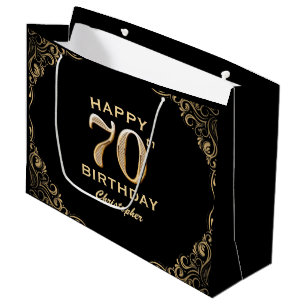 70th Birthday Party Black and Gold Glitter Frame Large Gift Bag