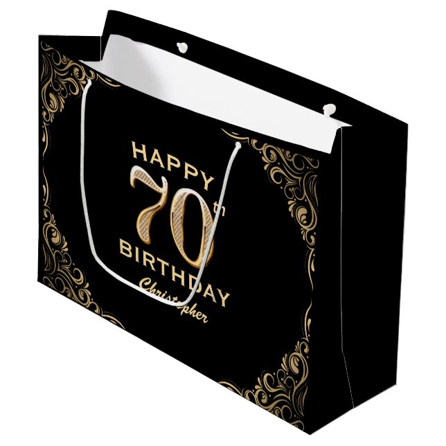 70th Birthday Party Black and Gold Glitter Frame Large Gift Bag (Front Angled)