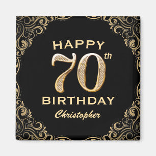 70th Birthday Party Black and Gold Glitter Frame Magnet