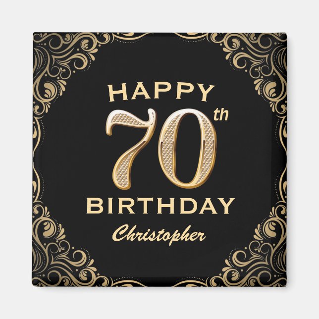 70th Birthday Party Black and Gold Glitter Frame Magnet (Front)