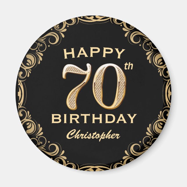 70th Birthday Party Black and Gold Glitter Frame Magnet (Front)