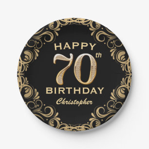 70th Birthday Party Black and Gold Glitter Frame Paper Plate