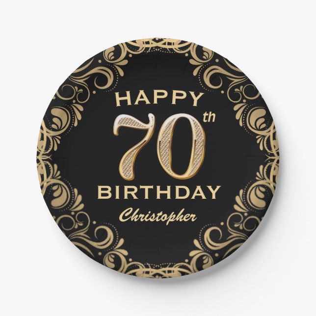 70th Birthday Party Black and Gold Glitter Frame Paper Plate (Front)
