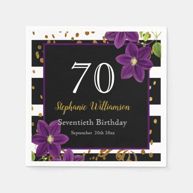 70th Birthday Party| Black and Gold Glitter Napkin (Front)