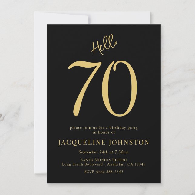 70th Birthday Party Black And Gold Invitation (Front)