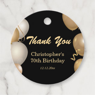 70th Birthday Party Black Gold Balloons Thank You Favour Tags
