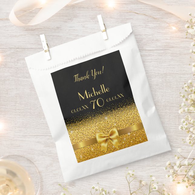 70th birthday party black gold bow elegant name favour bag (Clipped)