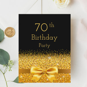 70th birthday party black gold bow invitation postcard