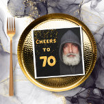 70th birthday party black gold photo napkin<br><div class="desc">A napkin for guys 70th birthday party. Template for your photo.  Black background and the tex: Cheers to 70.  The text is written with a trendy faux gold balloon script. With golden confetti as decor.</div>