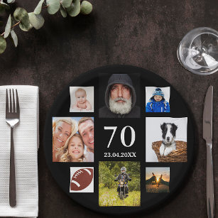 70th birthday party black photo collage guy paper plate