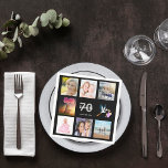 70th birthday party black photo collage name napkin<br><div class="desc">A napkin for a girly 70th birthday party,  celebrating her life with a collage of 8 of your photos.  Templates for a name,  age 70 and a date.  Date of birth or the date of the party.  White and grey coloured letters.  Black background.</div>
