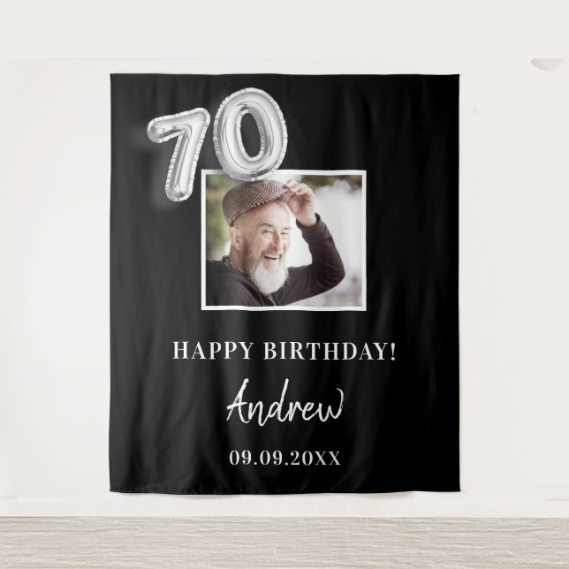 70th birthday party black photo name guy tapestry (Front)
