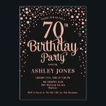 70th Birthday Party - Black & Rose Gold Invitation<br><div class="desc">70th Birthday Party Invitation.
Elegant design in black and faux glitter rose gold. Features stylish script font and confetti. Message me if you need custom age.</div>