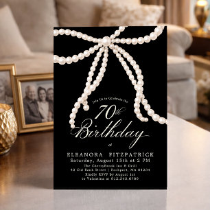 70th Birthday Party Black White Coquette Pearl Bow Invitation