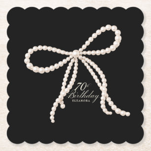 70th Birthday Party Black White Pearl Bow Custom Paper Coaster