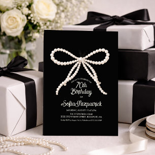 70th Birthday Party Black White Pearl Bow Invitation