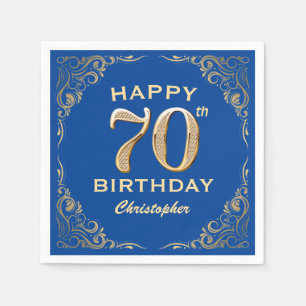 70th Birthday Party Blue and Gold Glitter Frame Napkin