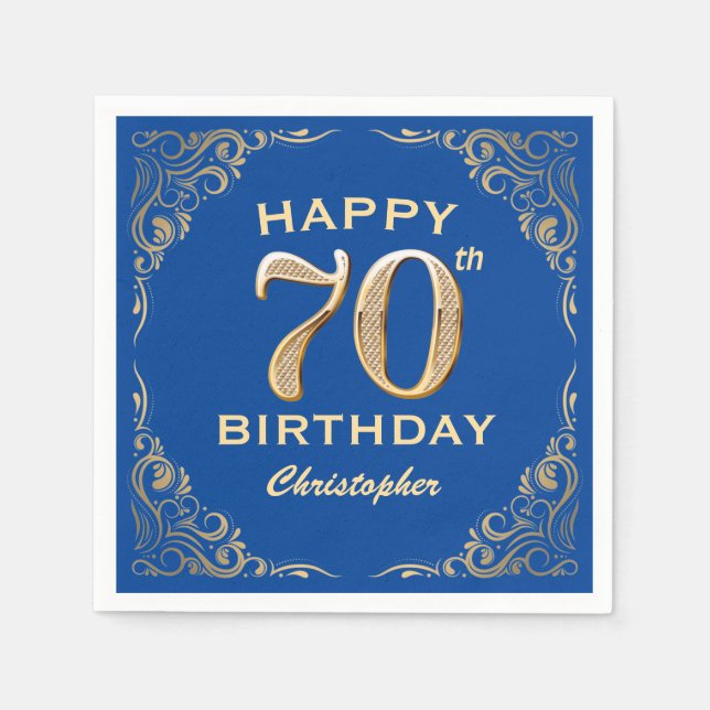 70th Birthday Party Blue and Gold Glitter Frame Napkin (Front)