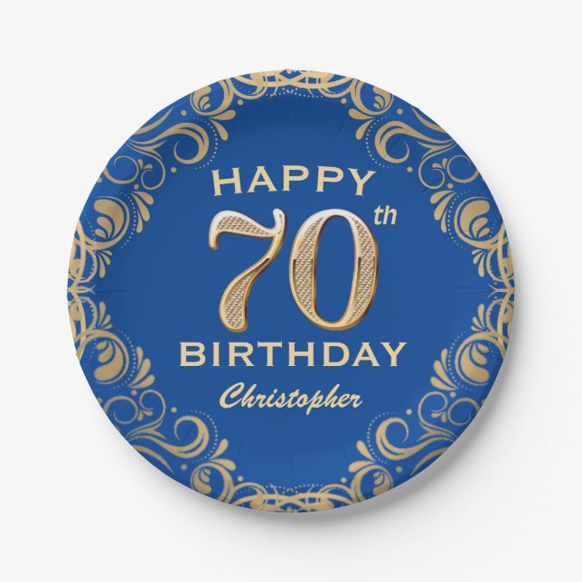 70th Birthday Party Blue and Gold Glitter Frame  Paper Plate (Front)