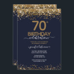 70th Birthday Party Blue and Gold Invitation<br><div class="desc">Elegant Faux gold glitter with shimmering confetti highlights on the top and bottom border. All text is adjustable and easy to change for your own party needs. Great elegant 70th birthday template design.</div>