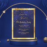 70th birthday party blue gold confetti invitation postcard<br><div class="desc">On front: A trendy,  modern 70th birthday party invitation card for men.   A dark blue,  navy blue background. The blue colour is uneven.  With a faux gold frame and golden confetti,  golden coloured letters. Templates for your party information.  Back: white background.</div>