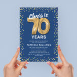 70th Birthday Party Blue Gold Invitation<br><div class="desc">Elegant seventieth birthday party invitation featuring a trendy blue background that can be changed to any colour,  gold sparkly glitter,  seventy gold hellium balloons,  and a modern 70th birthday celebration text template that is easy to personalize.</div>