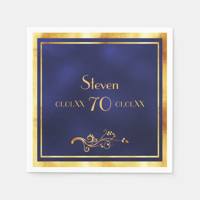 70th birthday party blue gold men guy napkin (Front)