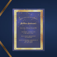 70th birthday party blue gold shiny invitation