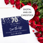 70th Birthday party blue silver save the date card<br><div class="desc">An elegant Save the Date card for a 70th birthday party. A navy blue decorated with stars. Personalize and add a date and name/age. The text: Save the Date is written with a large trendy hand lettered style script.</div>
