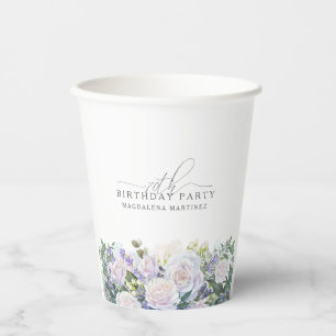 70th Birthday Party Blue White Floral Custom Paper Cups