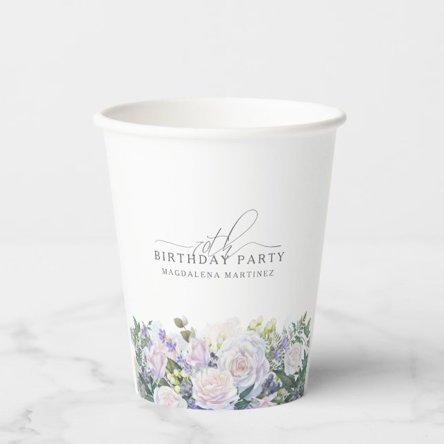 70th Birthday Party Blue White Floral Custom Paper Cups (Front)