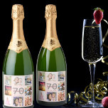 70th birthday party blush photo collage name sparkling wine label<br><div class="desc">A bottle label for a 70th birthday party, celebrating her life with a collage of 8 of your photos. Personalize and add a name, age 70 and a date. Date of birth or the date of the party. Grey and dark rose gold coloured letters. A girly and feminine rose gold,...</div>