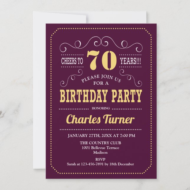 70th Birthday Party - Burgundy Gold Invitation (Front)