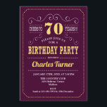 70th Birthday Party - Burgundy Gold Invitation<br><div class="desc">70th Birthday Party Invitation.
Elegant burgundy and yellow gold retro design with script font. Cheers to 70 years! Message me if you need further customization.</div>