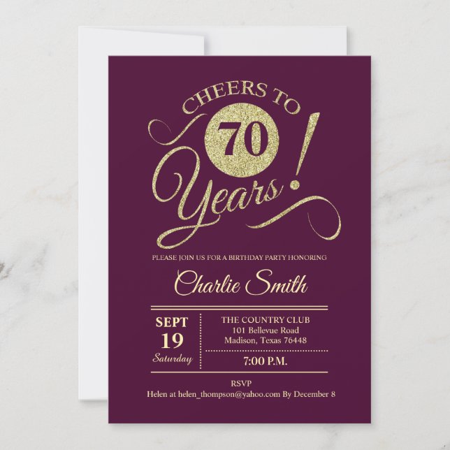 70th Birthday Party - Burgundy Gold Invitation (Front)