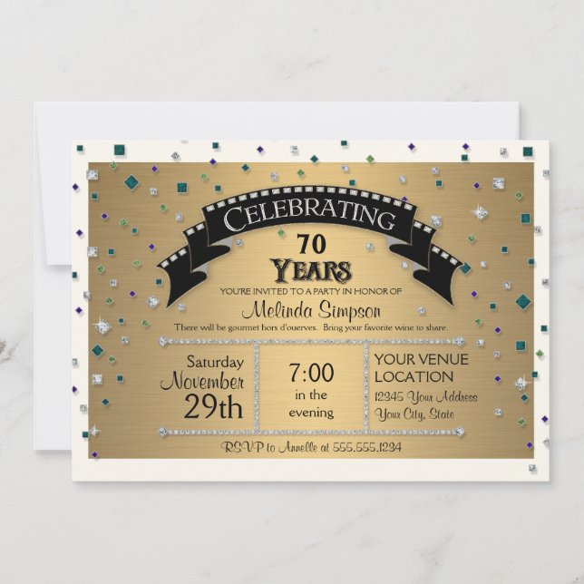 70th Birthday Party Celebrate Faux Jewel Confetti Invitation (Front)