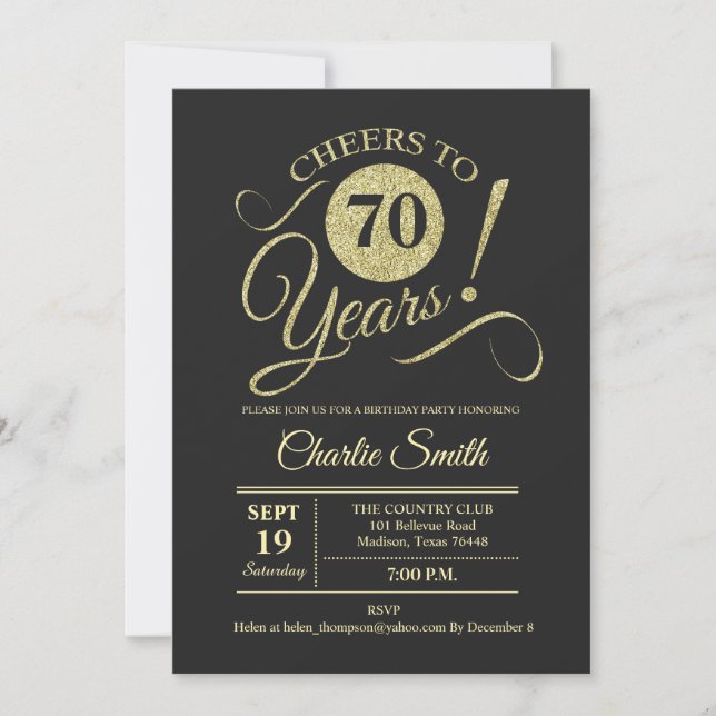 70th Birthday Party - Chalkboard Gold Invitation (Front)