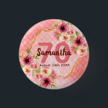 70th birthday party coral gold dahlia flowers 1 inch round button<br><div class="desc">A trendy button for a 70th birthday party. With a faux gold hexagon geometrical shaped frame. Decorated with watercolored dahlia flowers in pink, cream and coral. Living coral with polka dots as background. Templates for a name, age 70 and a date. Date of birth or date of the party. Burgundy...</div>