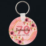 70th birthday party coral gold dahlia flowers keychain<br><div class="desc">A trendy keychain for a 70th birthday party. With a faux gold hexagon geometrical shaped frame. Decorated with watercolored dahlia flowers in pink, cream and coral. Living coral with polka dots as background. Templates for a name, age 70 and a date. Date of birth or date of the party. Burgundy...</div>