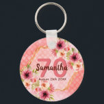 70th birthday party coral gold dahlia flowers keychain<br><div class="desc">A trendy keychain for a 70th birthday party. With a faux gold hexagon geometrical shaped frame. Decorated with watercolored dahlia flowers in pink, cream and coral. Living coral with polka dots as background. Templates for a name, age 70 and a date. Date of birth or date of the party. Burgundy...</div>