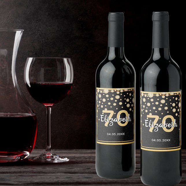 70th birthday party diamonds glitter black gold wine label (Creator Uploaded)