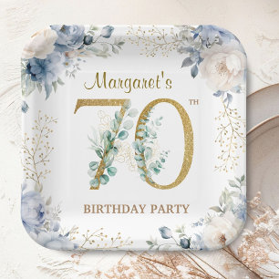 70th Birthday Party Dusty Blue Peony Gold Paper Plate