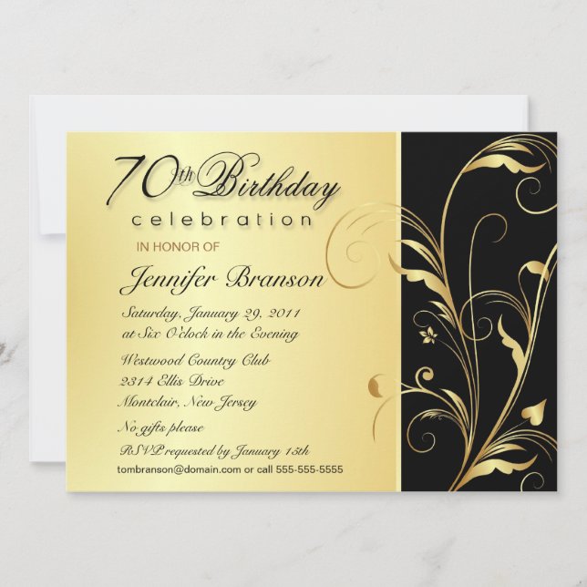 70th Birthday Party - Elegant Gold Floral Invites (Front)