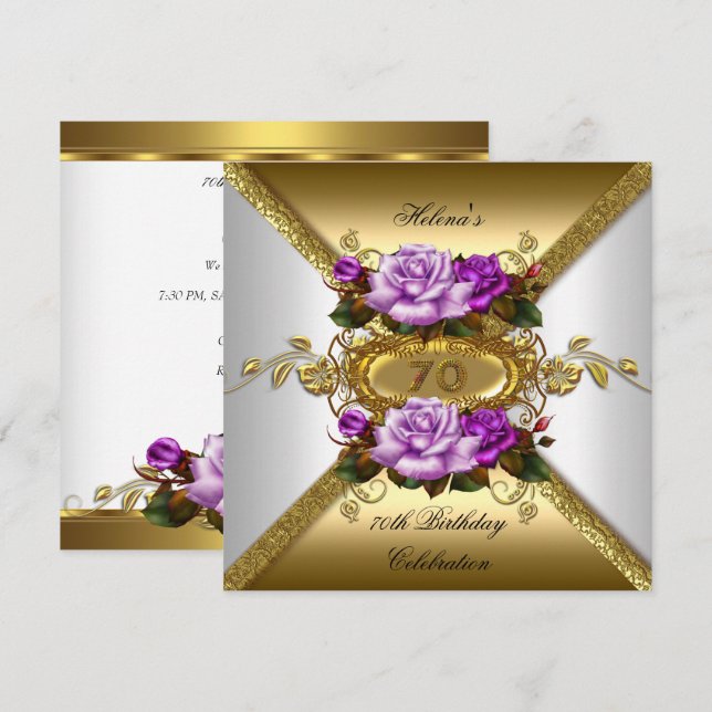 70th Birthday Party Elegant Roses Purple Gold Invitation (Front/Back)