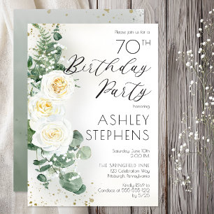 70th Birthday Party Elegant White Rose Eucalyptus Invitation