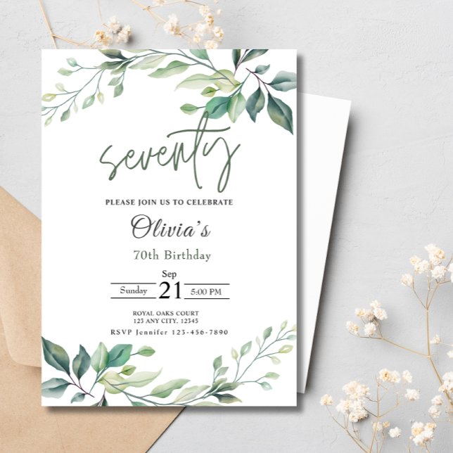 70th Birthday Party Eucalyptus Greenery Watercolor Invitation (Creator Uploaded)